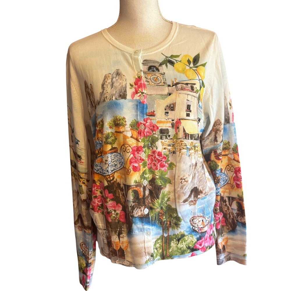 Talbots Mediterranean Scenic Print Cardigan Lemon Coastal Italy Resort,